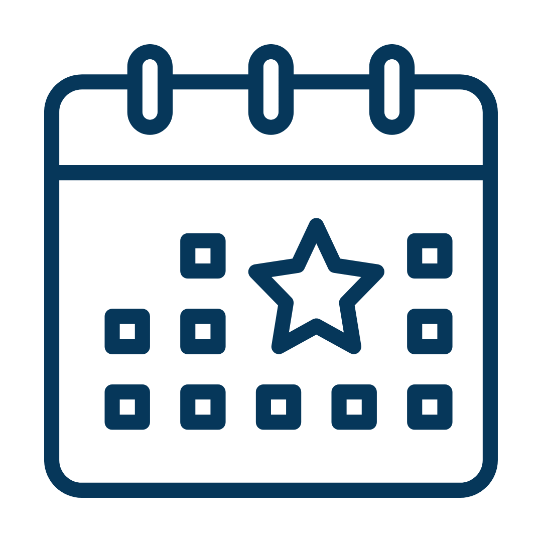 Icon Blau auf weiß - ein Kalender mit einem Stern, dieser steht für besondere Daten wie Events