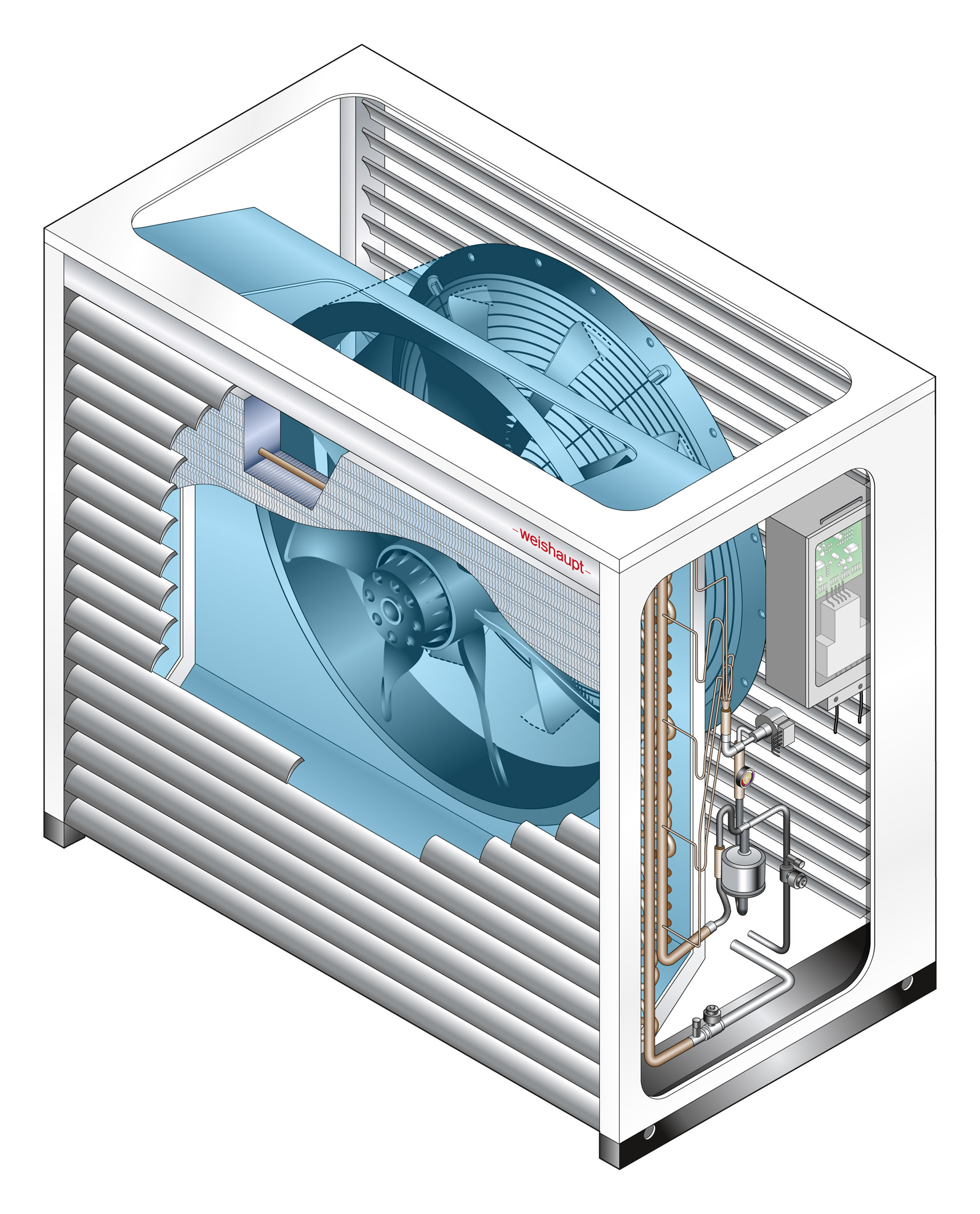 Zeichnung einer Weishaupt Außengerät der Wärmepumpe WBB Biblock® im Schnitt.